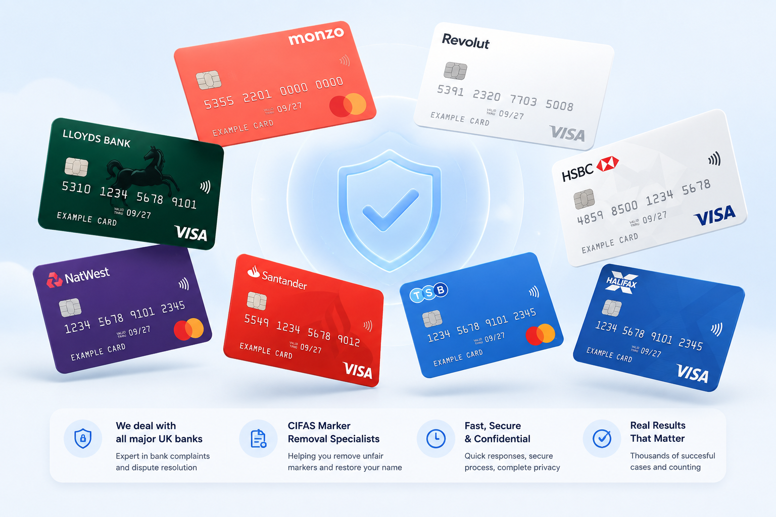 Major UK bank cards including Monzo, Revolut, HSBC, Lloyds, NatWest, Santander, TSB and Halifax around a protection shield